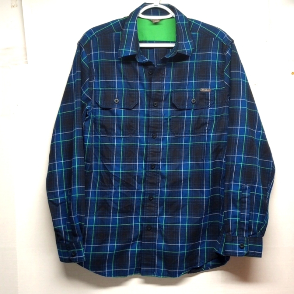 Eddie Bauer 100% polyester long sleeve plaid button up shirt men size medium